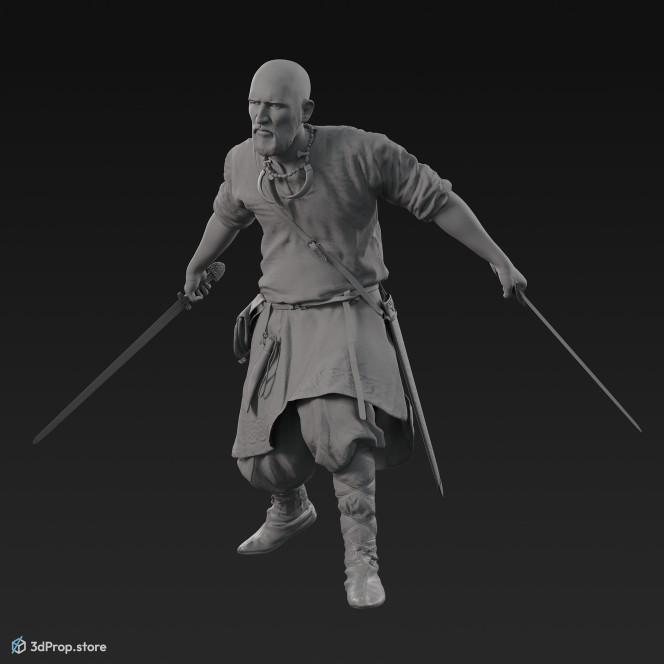 3D scan of an attacking Rus viking man, wearing linen, leather and wool clothing with bag from 900, Europe.