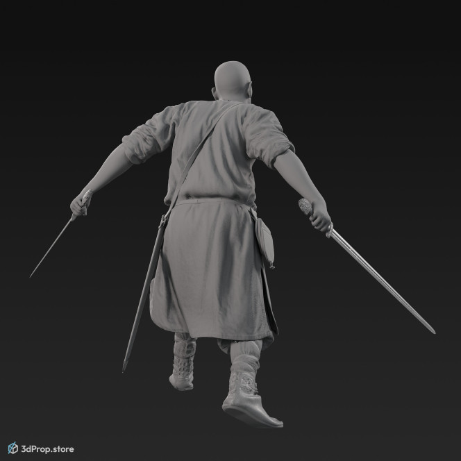 3D scan of an attacking Rus viking man, wearing linen, leather and wool clothing with bag from 900, Europe.