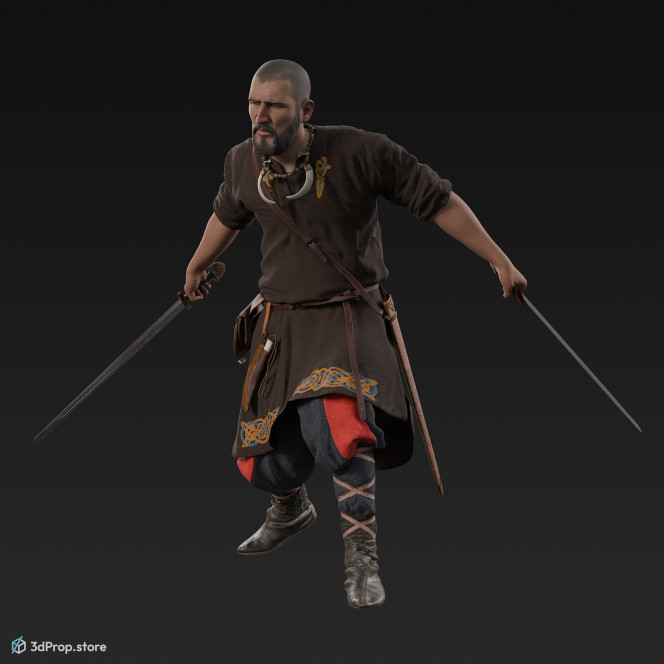 3D scan of an attacking Rus viking man, wearing linen, leather and wool clothing with bag from 900, Europe.