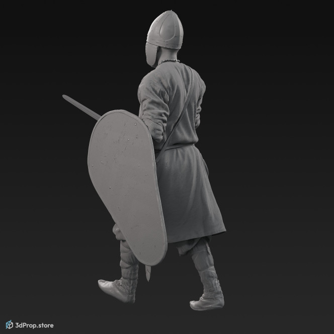 3D scan of a walking Scandinavian warrior man, wearing linen, leather and wool clothing with bag, and carrying a sword and a shield, from 900, Europe.