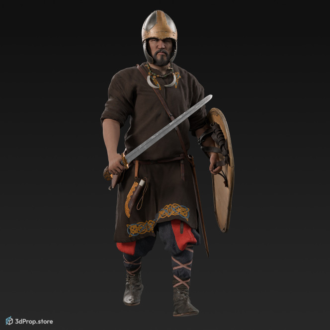 3D scan of a walking Scandinavian warrior man, wearing linen, leather and wool clothing with bag, and carrying a sword and a shield, from 900, Europe.
