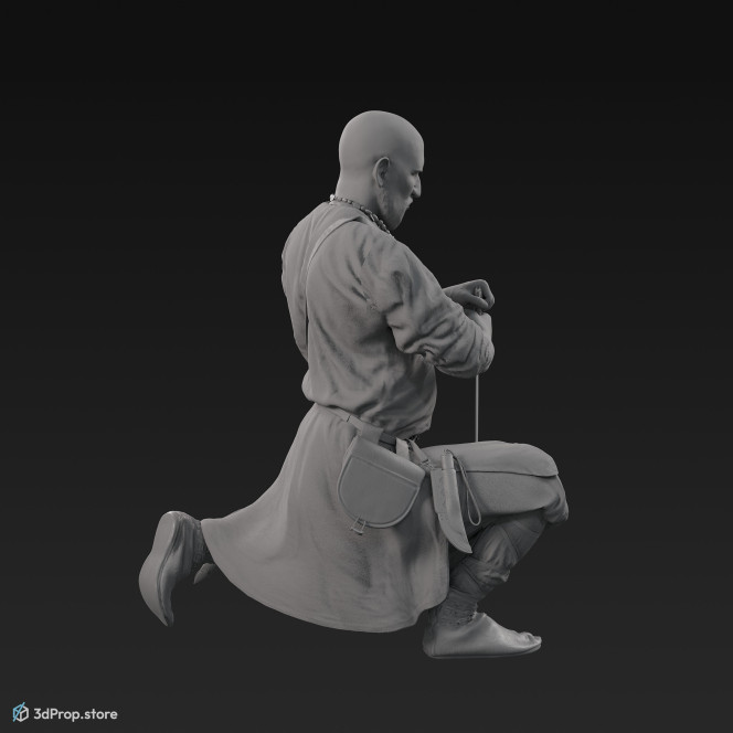 3D scan of a Scandinavian warrior man, down on one knee and holding a sword in front of him. He is wearing linen, leather and wool clothing with bag from 900, Europe.