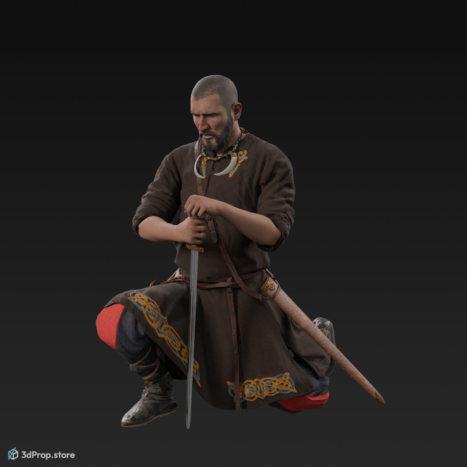 3D scan of a Scandinavian warrior man, down on one knee and holding a sword in front of him. He is wearing linen, leather and wool clothing with bag from 900, Europe.