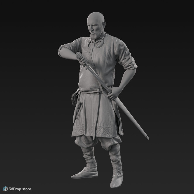 3D scan of a Rus viking , who is standing and drawing his sword from its sheath, while wearing linen, leather and wool clothing with bag from 900, Europe.