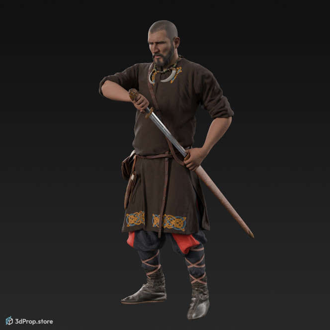 3D scan of a Rus viking , who is standing and drawing his sword from its sheath, while wearing linen, leather and wool clothing with bag from 900, Europe.