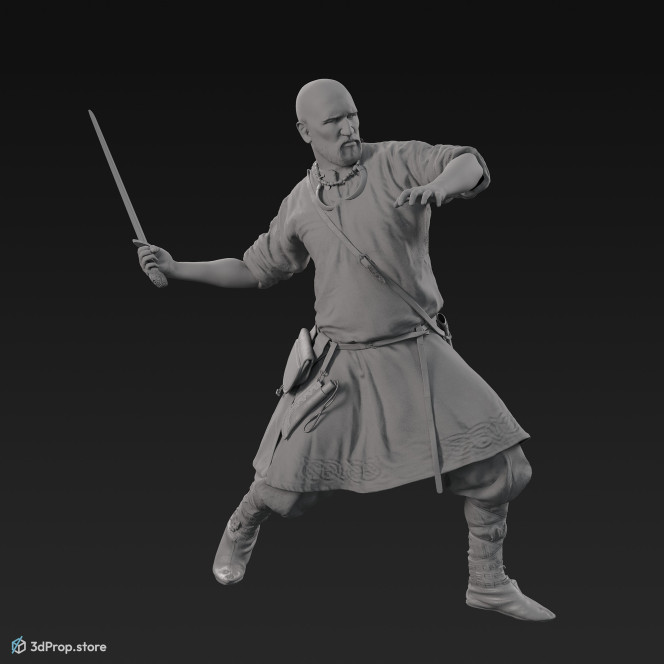 3D scan of a Rus viking soldier attacking with a sword, wearing linen, leather and wool clothing with bag from 900, Europe.