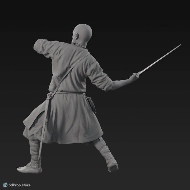 3D scan of a Rus viking soldier attacking with a sword, wearing linen, leather and wool clothing with bag from 900, Europe.