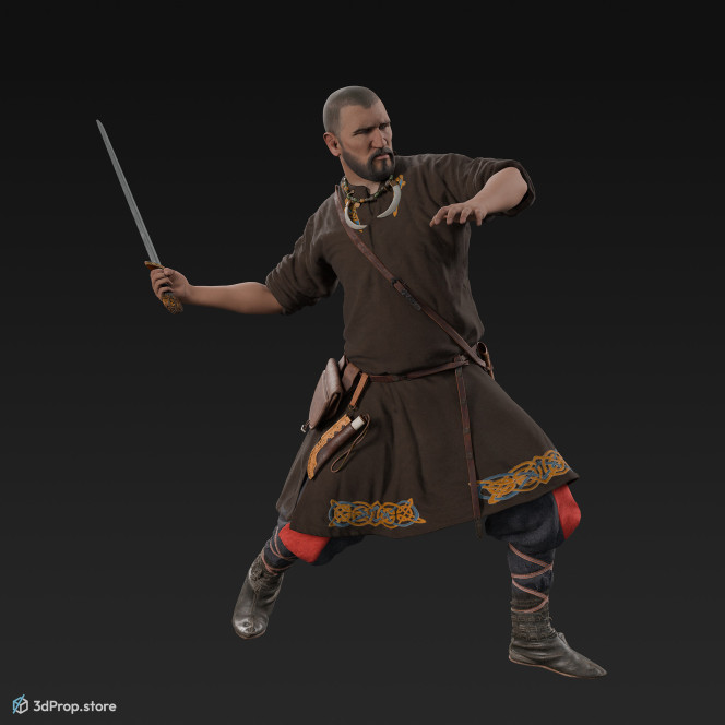 3D scan of a Rus viking soldier attacking with a sword, wearing linen, leather and wool clothing with bag from 900, Europe.