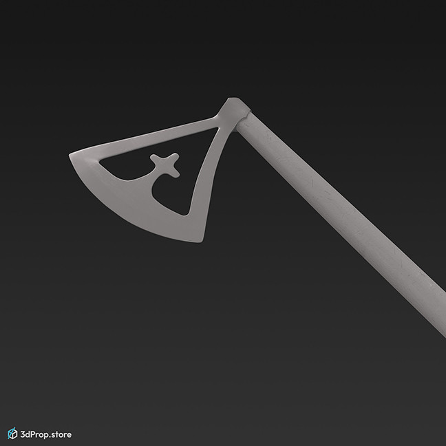 3d scan of a sharp, decorated axe with a long wooden handle, used in battles from 900, Europe.