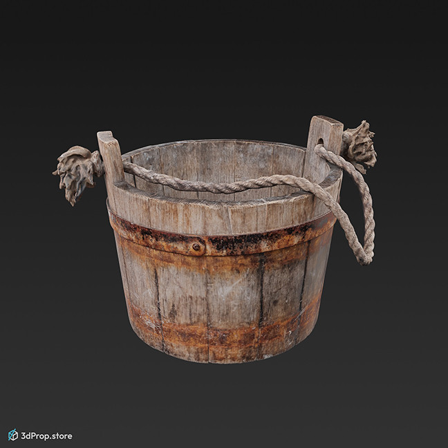 3d scan of a brown, heavily used wooden bucket with rusting metal bands, from 900, Europe.