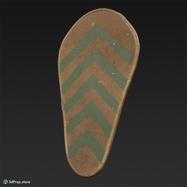 3d scan of a brown wooden normann shield with green stripes, from 900s Europe.