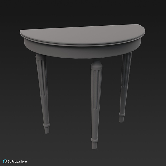 3D model of a white wooden console table with decorated legs, from 1900, Europe.