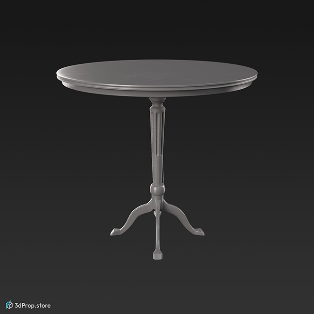 3D model of an elegant, small, white, wooden round table with three legs in the middle, from 1900, Europe.