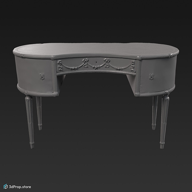 3D model of an elegant white wooden desk with gold-plated knobs and trimmings, with ornate table legs and green coloured top, from 1900, Europe.