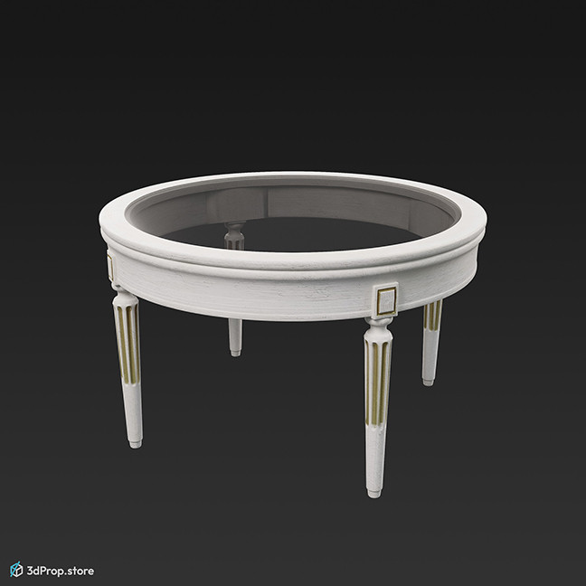 3D model of a white wooden round coffee table with transparent glass tabletop and with decorated legs, from 1900, Europe.