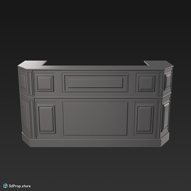 3D scan of a simple, dark brown wooden reception desk, with a lighter top, from 1900, Europe.