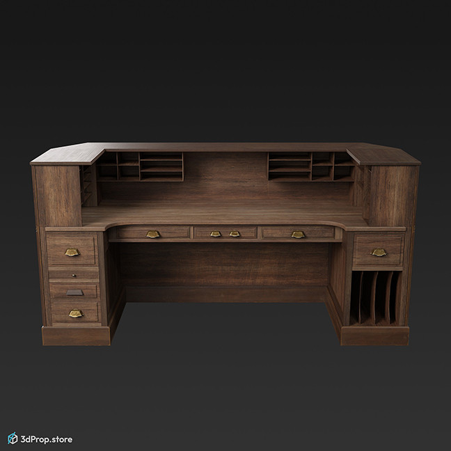 3D scan of a simple, dark brown wooden reception desk, with a lighter top, from 1900, Europe.