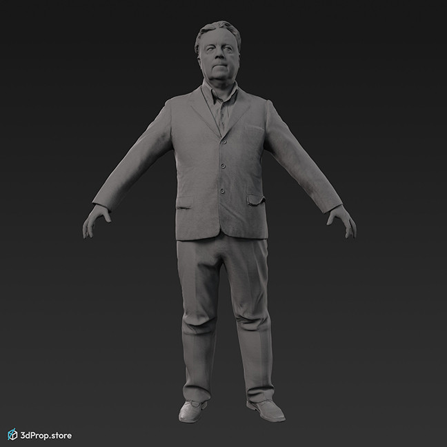 3D scan of a standing hotel receptionist in a black suit with a white textile shirt underneath and black trousers to match the suit, from 1900, Europe.
