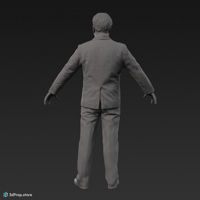 3D scan of a standing middle class man in a black suit with a white textile shirt underneath and black trousers to match the suit, from 1900, Europe.