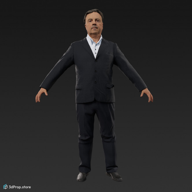 3D scan of a standing middle class man in a black suit with a white textile shirt underneath and black trousers to match the suit, from 1900, Europe.