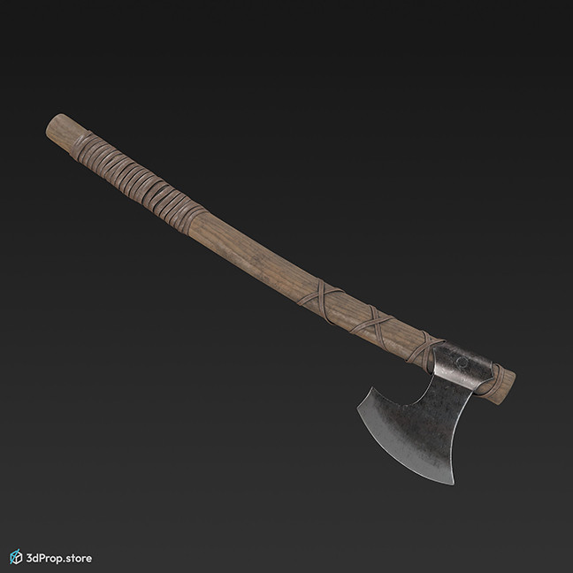 3D model of a sharp, viking battle axe, with wooden handle and leather covered grip part, from 900, Europe.