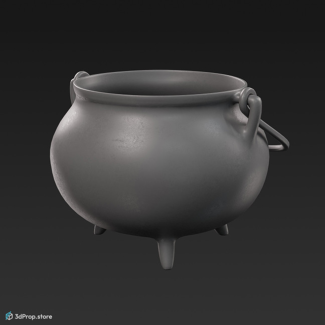 3D model of an old metal cauldron, with 3 legs and a handle, for making brews and potions.