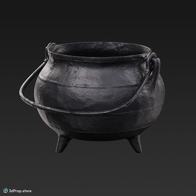 3D model of an old metal cauldron, with 3 legs and a handle, for making brews and potions.