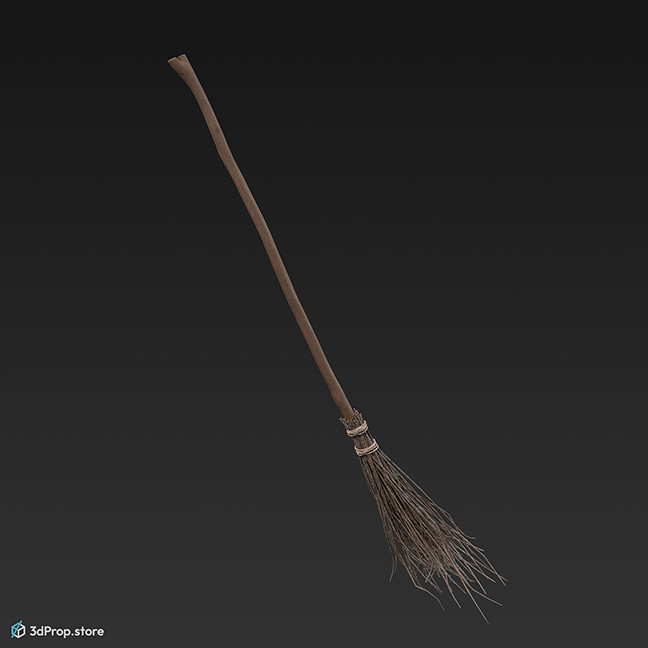 3D model of an old-fashioned wicker broom with a wooden handle, great for cleaning and for witches to fly.