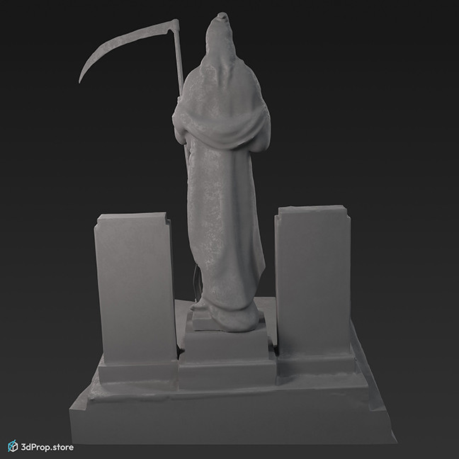 3D model of a statue of a reaper standing between two tombstones on a raised pedestal.
