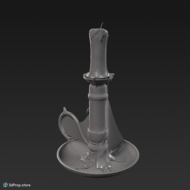 3D model of a half-burned candle in a candleholder with wax dripping down the side.