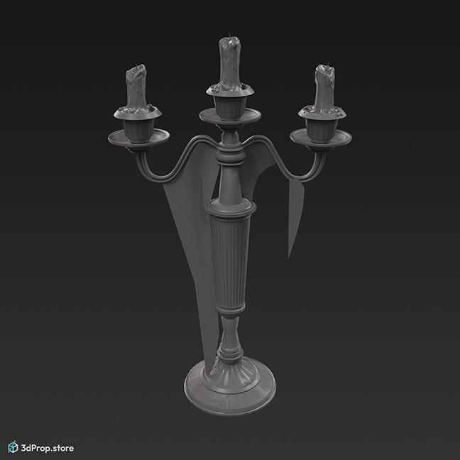 3D model of a metal, three-pronged candle holder with a large gripping surface, containing three half-used candles.