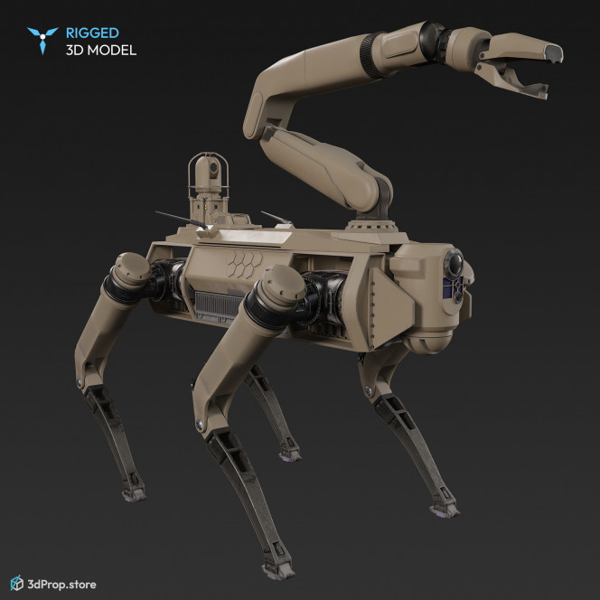 3D model of a sand-coloured quadruped robot also called robotic dog with four limbs and an arm capable of fine motor movements and with a camera on its head area, from 2020, USA.
