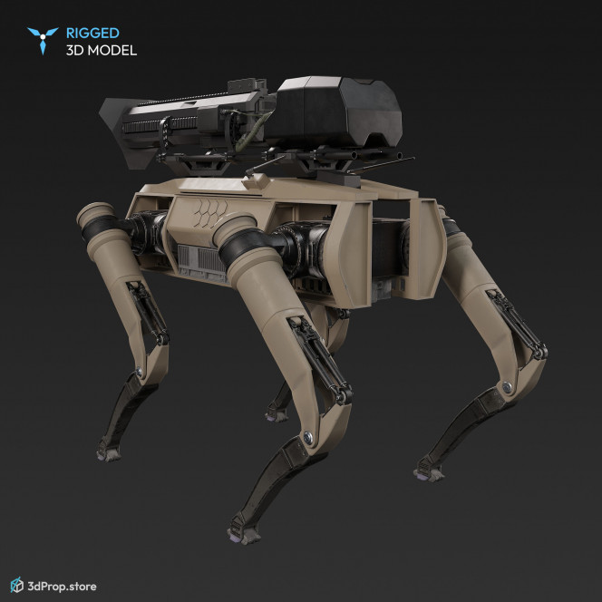 3D model of a greyish-coloured weaponized quadruped robot also called robotic dog with four limbs capable of fine motor movements, with a camera on its head and a flamethrower on its back, from 2017, USA.