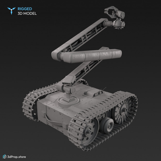 3D model of a bomb disposal robot, with desert camouflage, caterpillar-chains and a very mobile arm with gripping devices at the end to ensure the safe transport of the bombs, from 2018, USA.