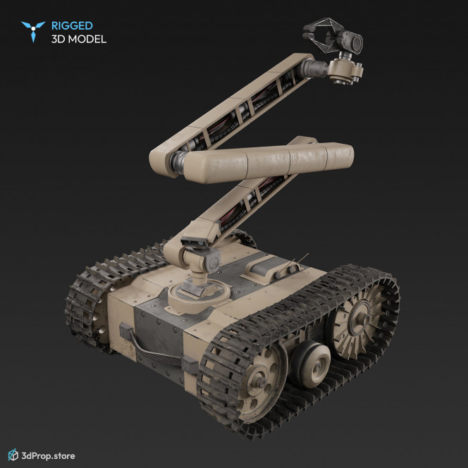 3D model of a bomb disposal robot, with desert camouflage, caterpillar-chains and a very mobile arm with gripping devices at the end to ensure the safe transport of the bombs, from 2018, USA.