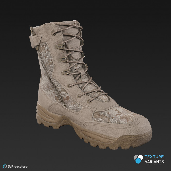 3D scan of a military boot with four different camouflage patterns., rubber sole, and leather upper from 2020, USA.