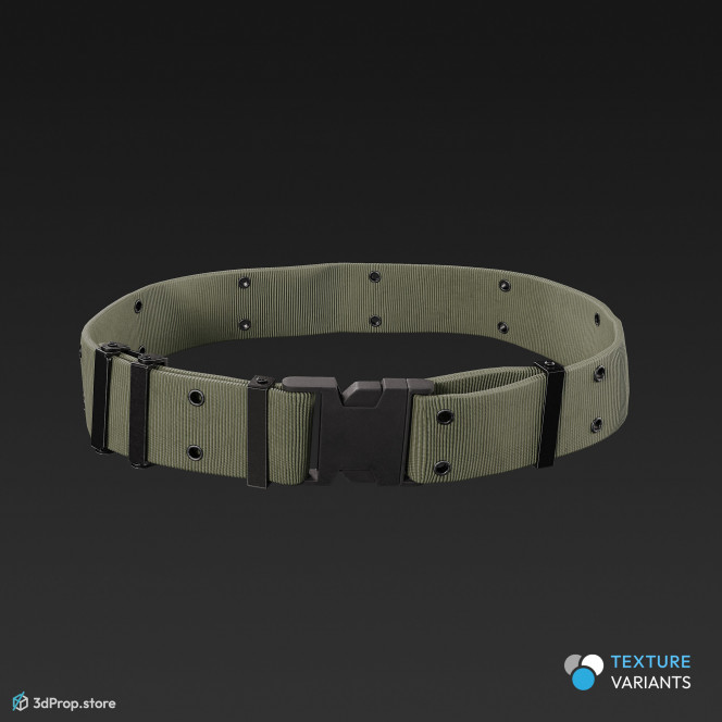 3D scan of a military belt in three different color variations with a strong elasticated grip, large buckles and made of high-quality, durable materials such as canvas, webbing and leather from 2021, USA.