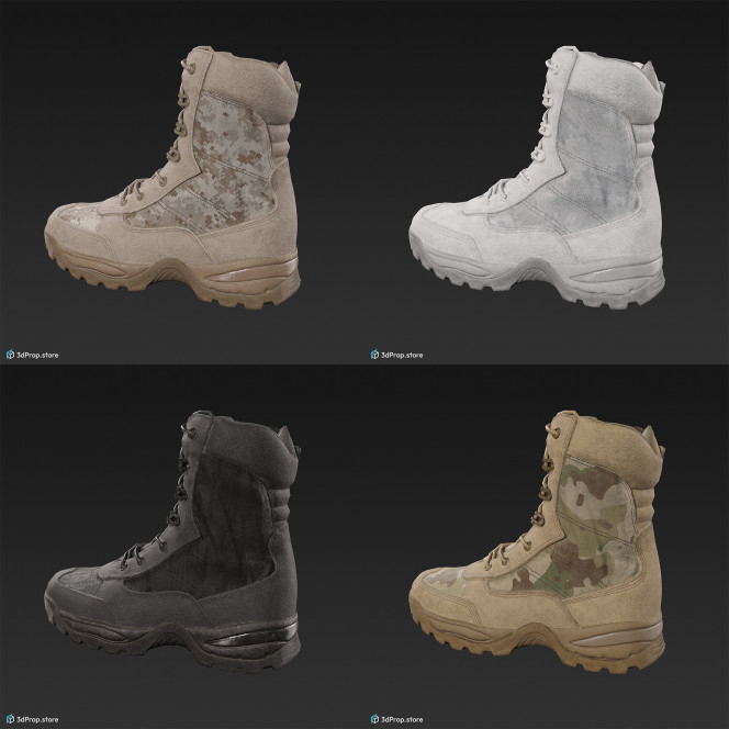 3D scan of a military boot with four different camouflage patterns., rubber sole, and leather upper from 2020, USA.