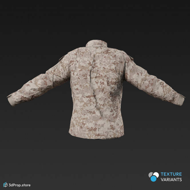 3D scan of a military jacket with 4 different camouflage pattern variations, long sleeves and a high neckline, as well as plenty of hidden pockets for storing gears, from 2020, USA.