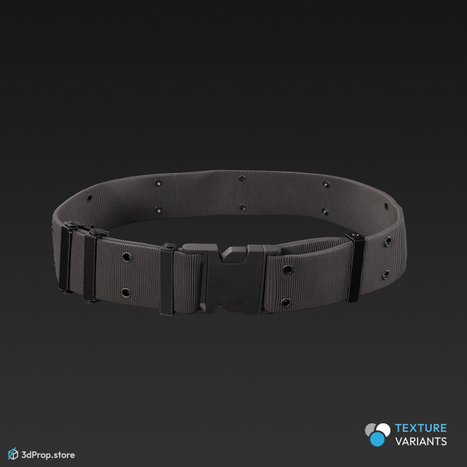 3D scan of a military belt in three different color variations with a strong elasticated grip, large buckles and made of high-quality, durable materials such as canvas, webbing and leather from 2021, USA.