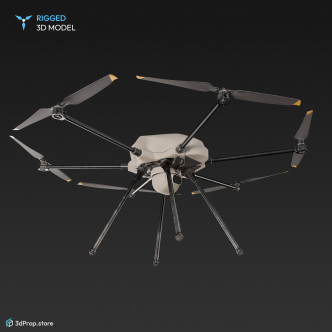 3D model of a hexacopter drone with white-coloured outer frame, with camera on the bottom to reconnaissance and it also has four elongated black legs when it needs to land, from 2010, USA.