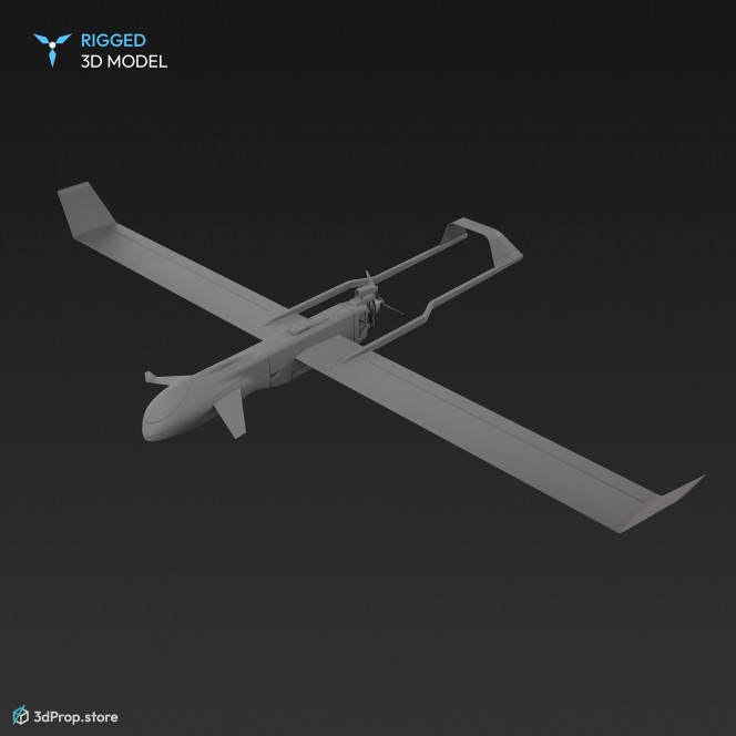 3D model of a Surveillance UAV (Unmanned Aerial Vehicle) drone with white outer frame, with yellow paint on the wingtips and with camera for information gathering and reconnaissance, from 2010, USA.