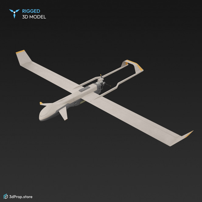 3D model of a Surveillance UAV (Unmanned Aerial Vehicle) drone with white outer frame, with yellow paint on the wingtips and with camera for information gathering and reconnaissance, from 2010, USA.
