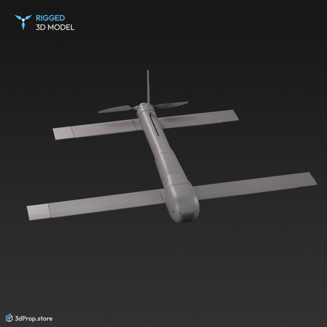 3D model of a Combat UAV (Unmanned Aerial Vehicle) with white-coloured outer frame, with black wings that fold under its body and a camera on its head to capture the right shots during reconnaissance from 2010, USA.