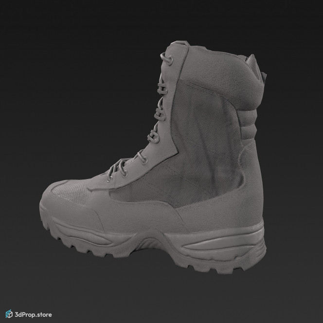 3D scan of a military boot with four different camouflage patterns., rubber sole, and leather upper from 2020, USA.