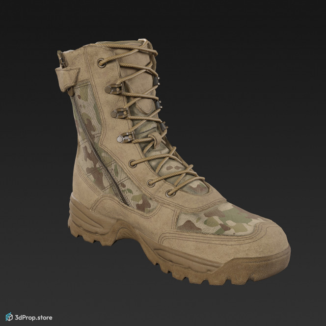 3D scan of a military boot with camouflage pattern, rubber sole, and leather upper from 2020, USA.