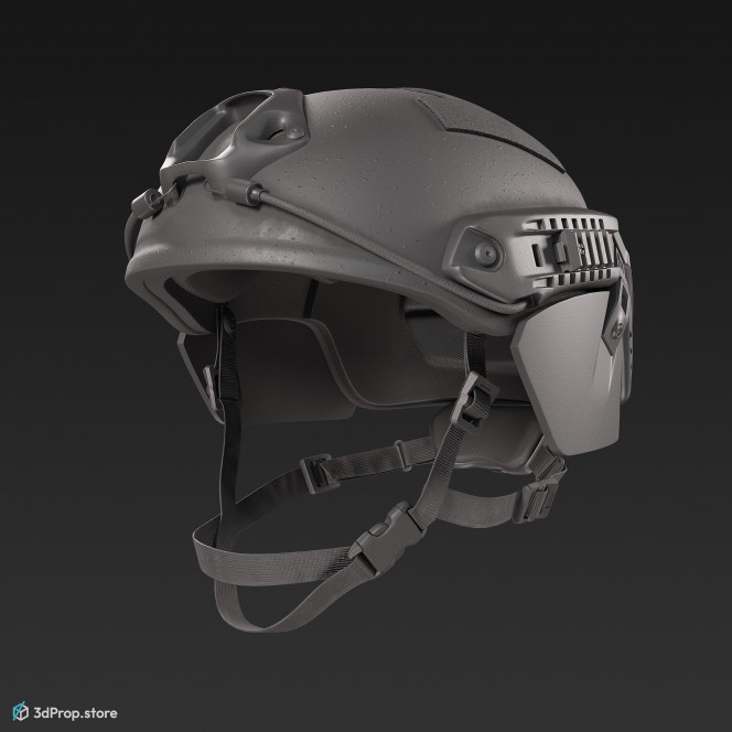 3D scan of a brownish green modern military helmet made of Kevlar, with adjustable strap for a tight fit on the head, from 2020, USA.