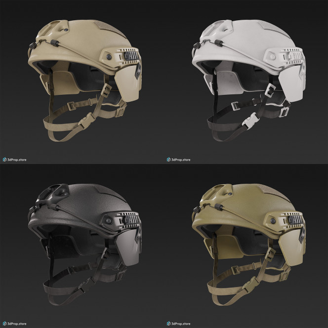 3D scan of a military helmet in different color variations, made of Kevlar, with adjustable strap for a tight fit on the head, from 2020, USA.