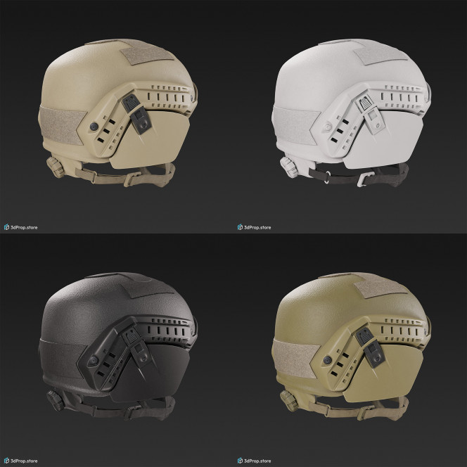 3D scan of a military helmet in different color variations, made of Kevlar, with adjustable strap for a tight fit on the head, from 2020, USA.
