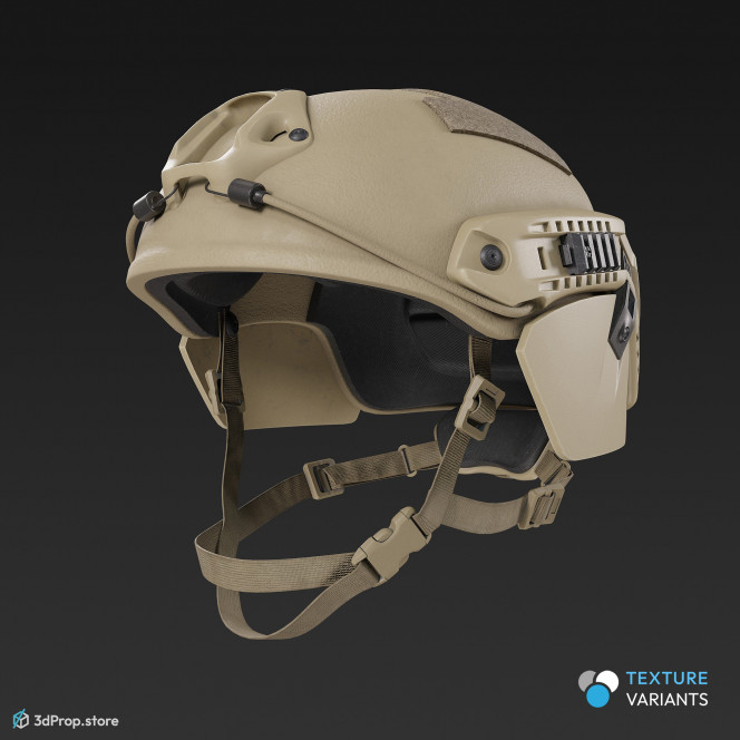 3D scan of a military helmet in different color variations, made of Kevlar, with adjustable strap for a tight fit on the head, from 2020, USA.